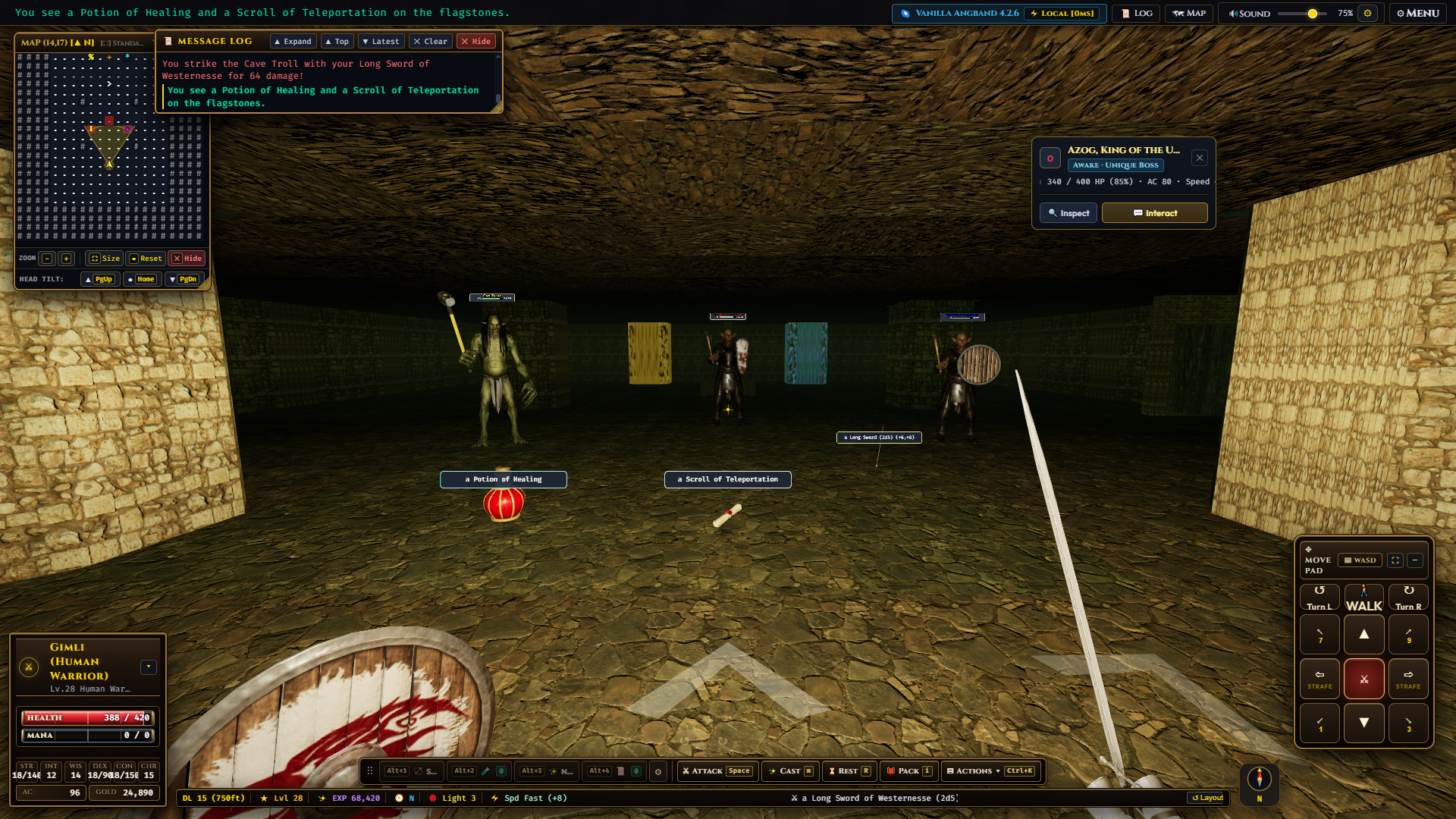 First-person 3D dungeon view at Depth 15 showing Cave Troll, Azog, and entity inspector popover