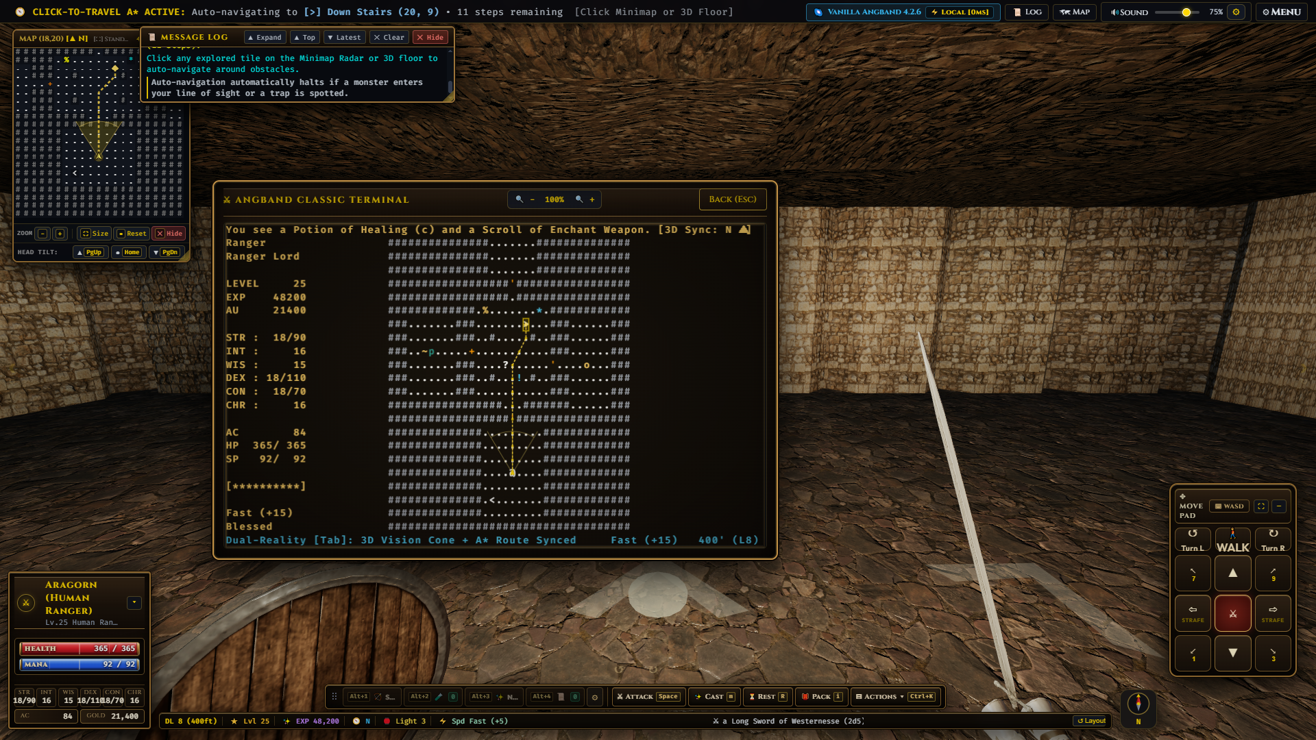 Classic 80x24 ASCII terminal overlaid on the 3D viewport with camera vision cone and item sheet