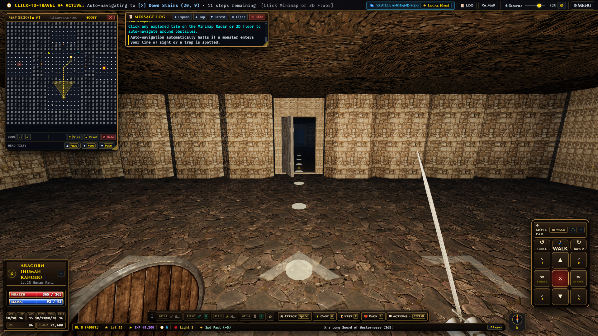 Expanded minimap radar showing golden A* navigation route and 3D floor stepping stones