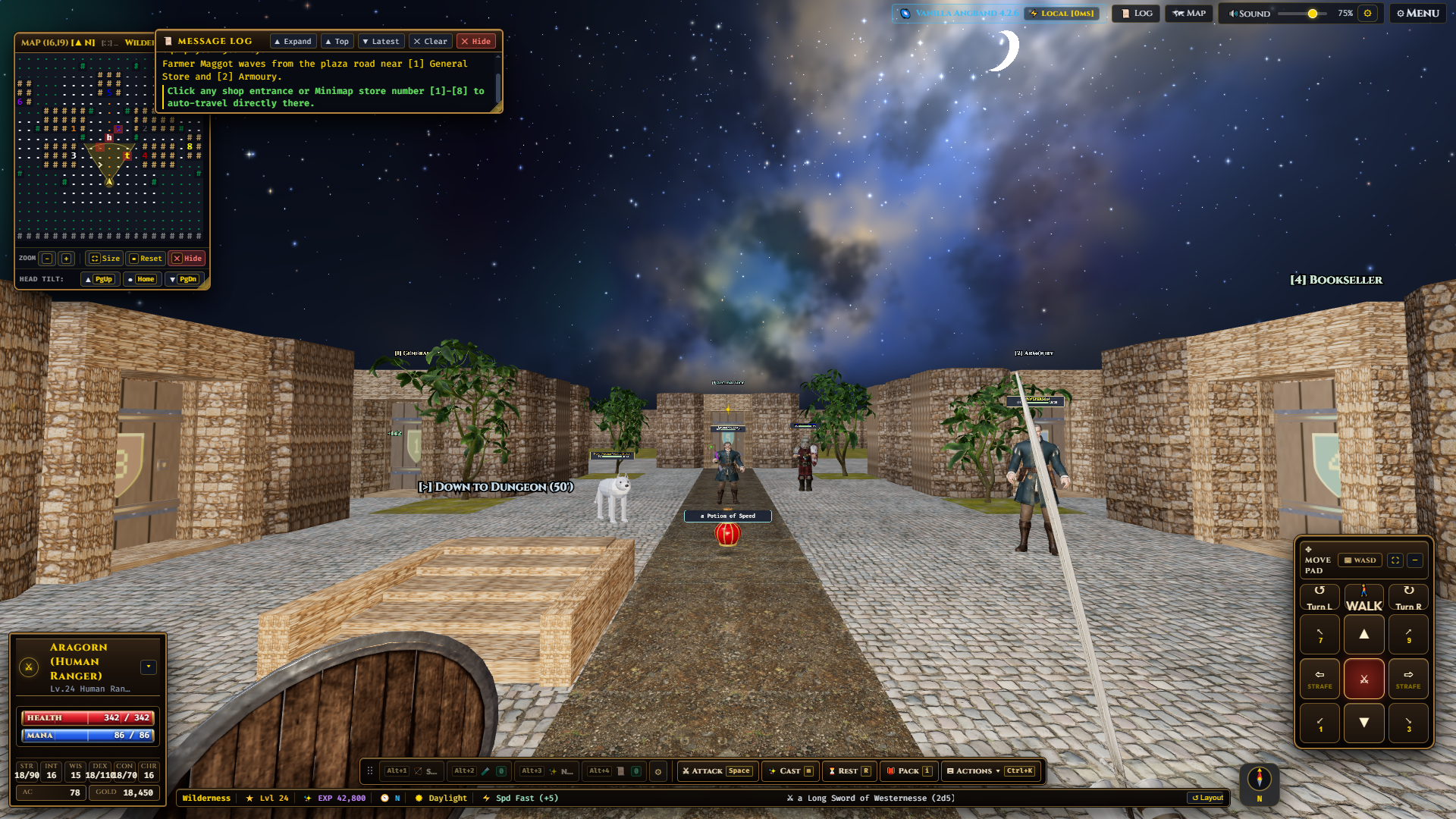 Town of Angband at Depth 0 showing starry night sky, 3D store buildings, trees, and townsfolk